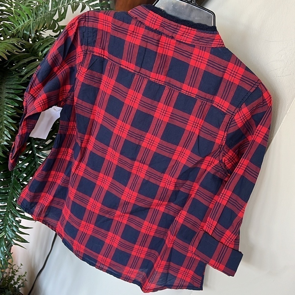 Brand New OshKosh B’Gosh Red & Navy Blue Plaid Shirt Button Up Cotton Blouse - Picture 9 of 10